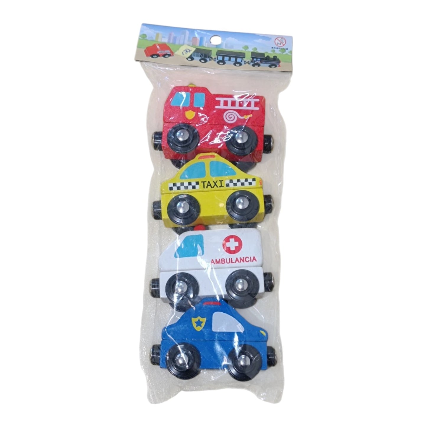 Set de 4 Vehículos de Madera con Imanes – Estilo Tren