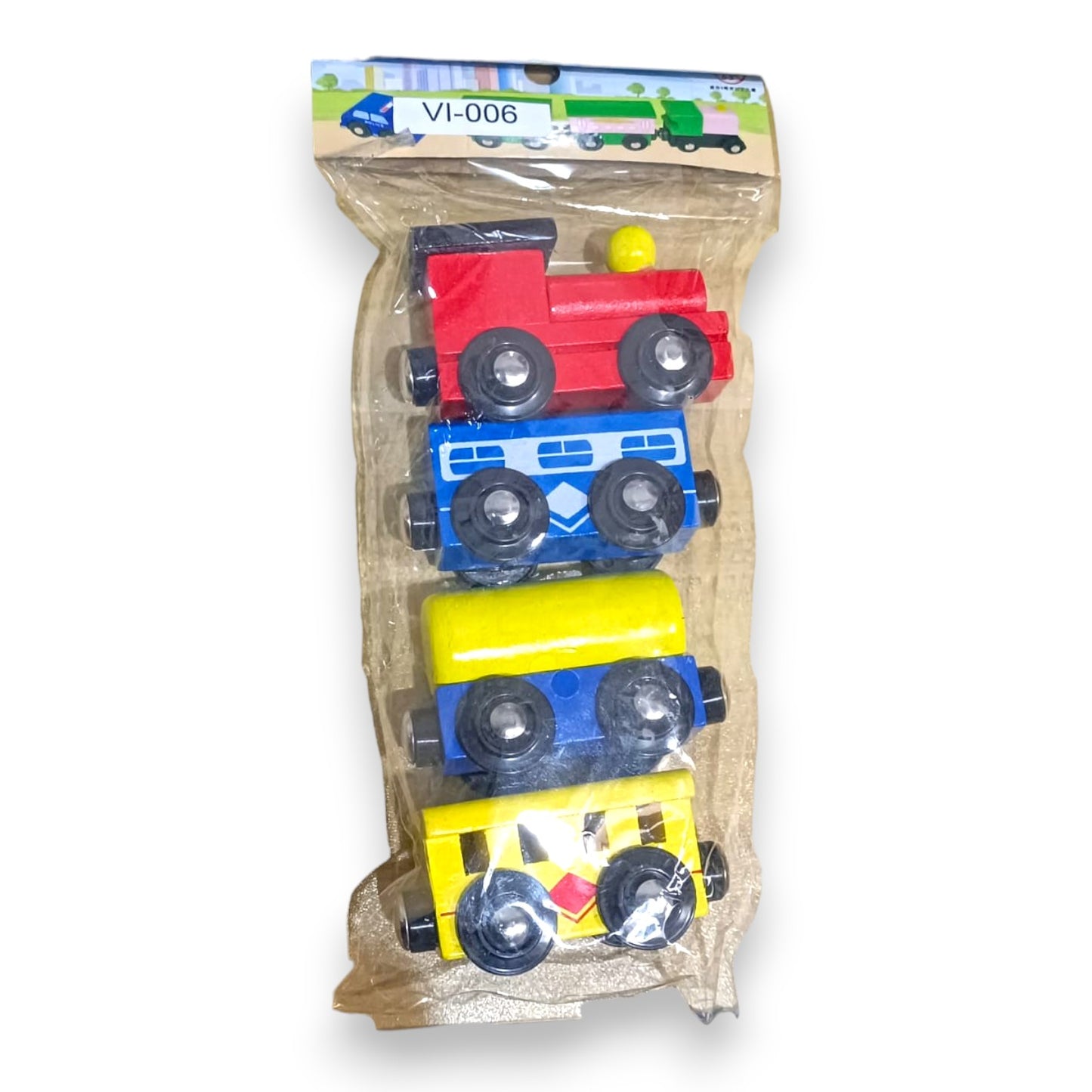Set de 4 Vehículos de Madera con Imanes – Estilo Tren