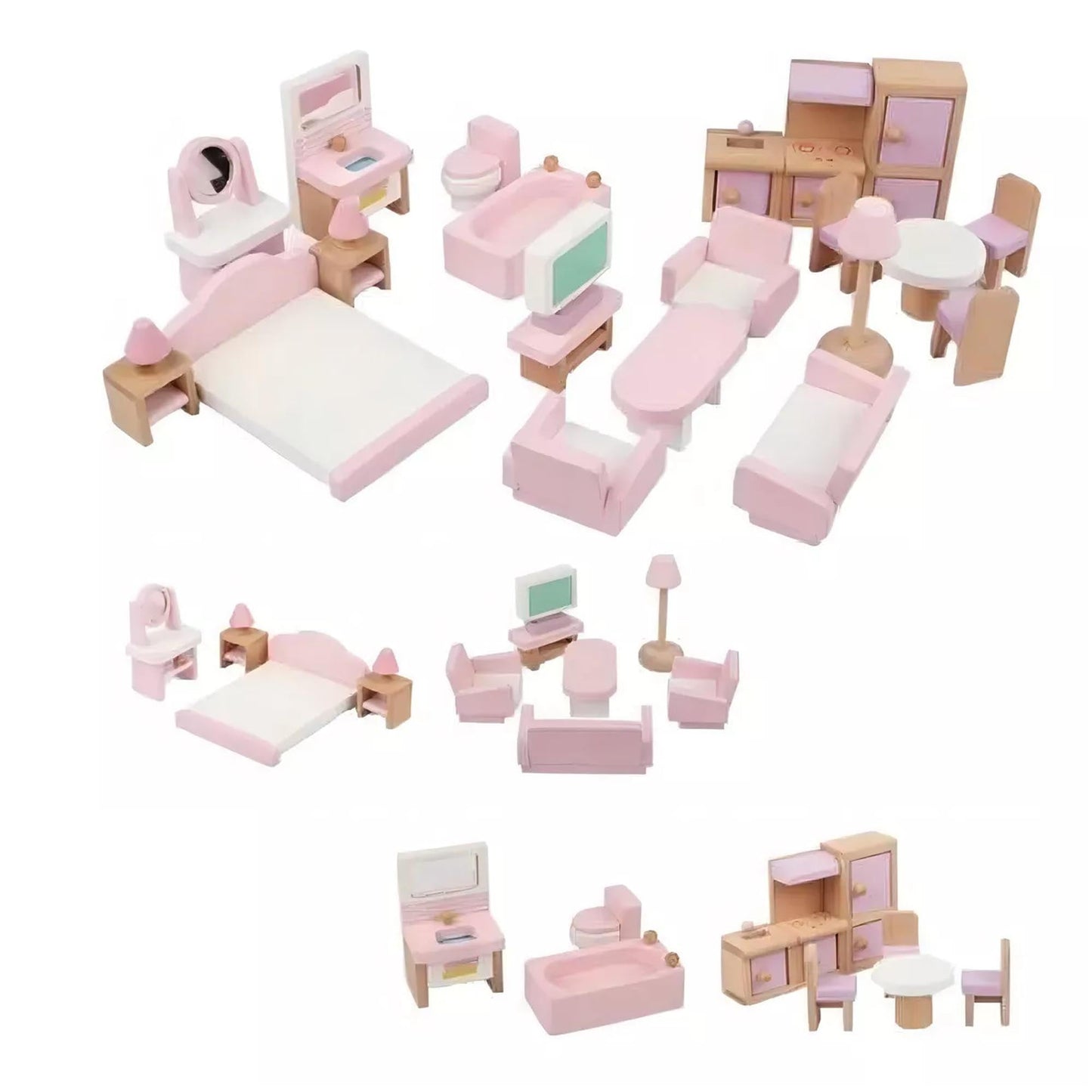 Set De Muebles De Madera Para Casa Muñecas 22 Piezas Juego Color Rosa