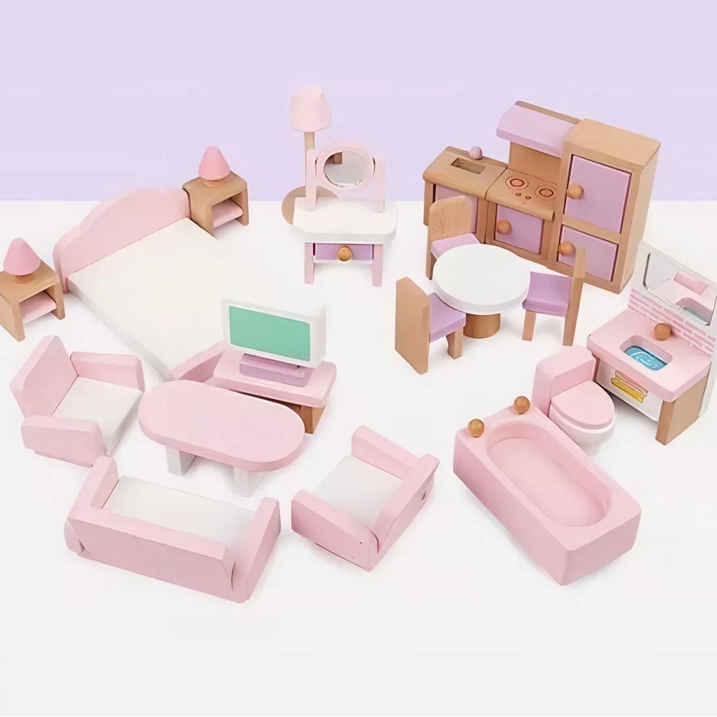 Set De Muebles De Madera Para Casa Muñecas 22 Piezas Juego Color Rosa