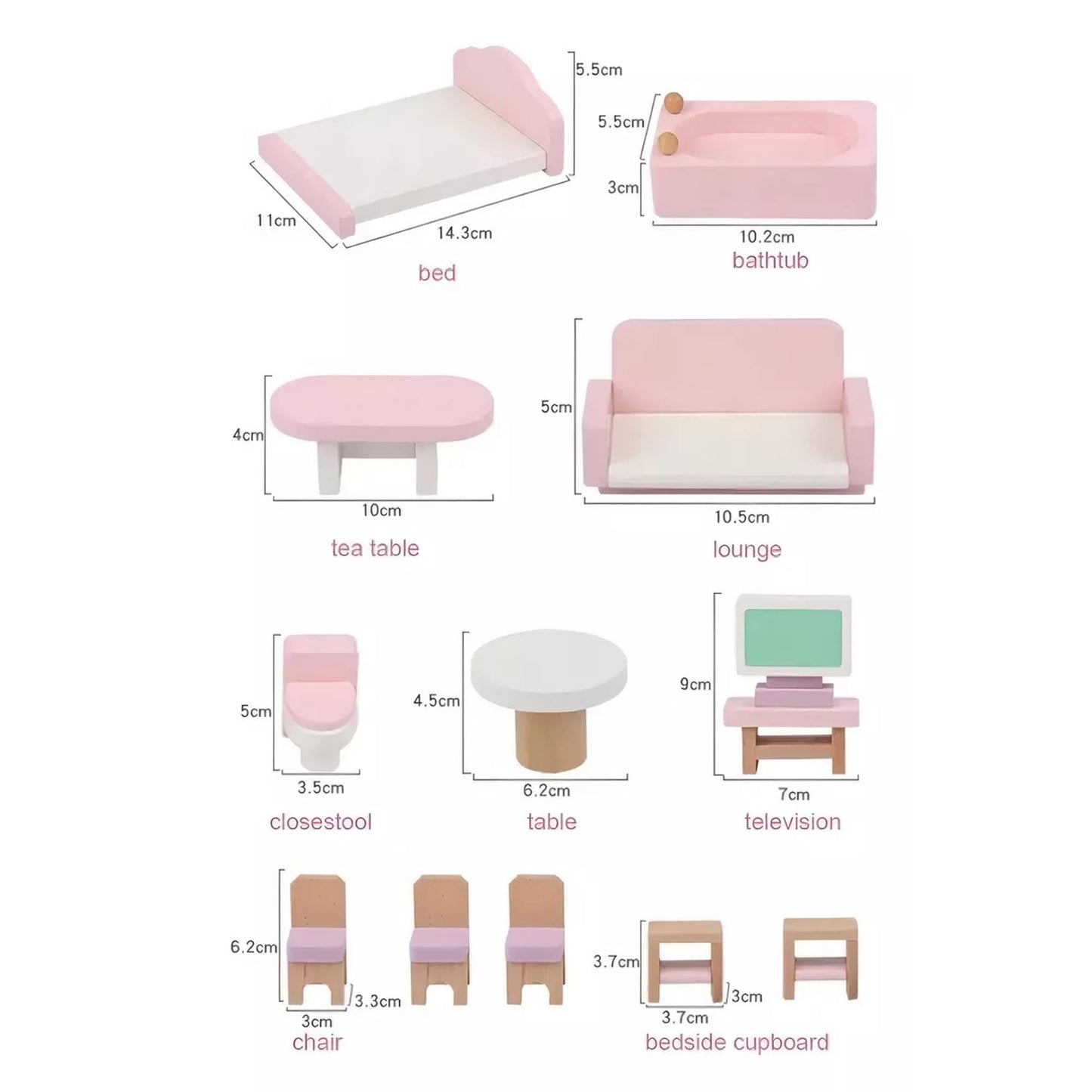 Set De Muebles De Madera Para Casa Muñecas 22 Piezas Juego Color Rosa