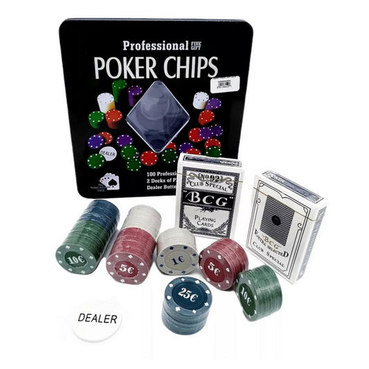 Set de Poker Profesional Caja Metálica 100 Fichas + Naipes
