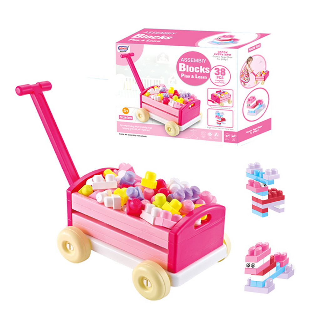 Carrito Arrastre Rosa con 38 Bloques para Armar Play Learn