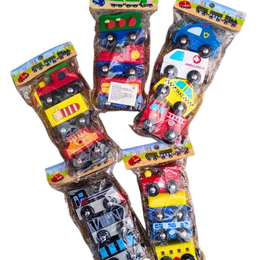 Set de 4 Vehículos de Madera con Imanes – Estilo Tren