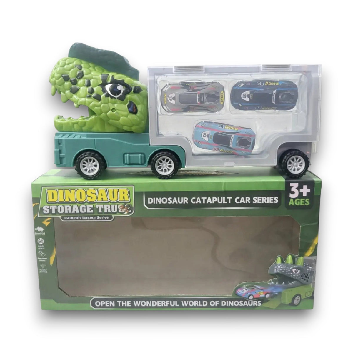 Camión Dino Transporta Autos con 3 Vehículos de Juguete