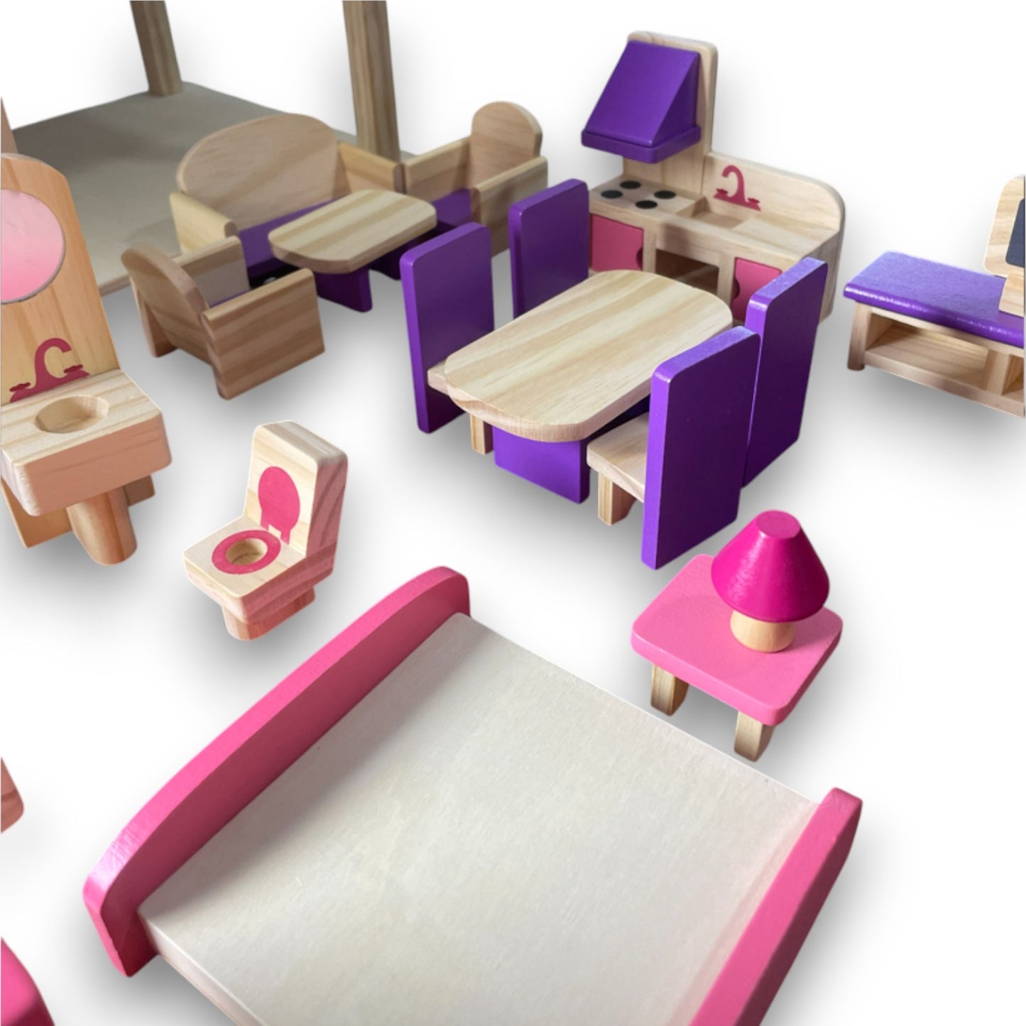 Casa de Madera Armable 2 Pisos con Muebles Rosa