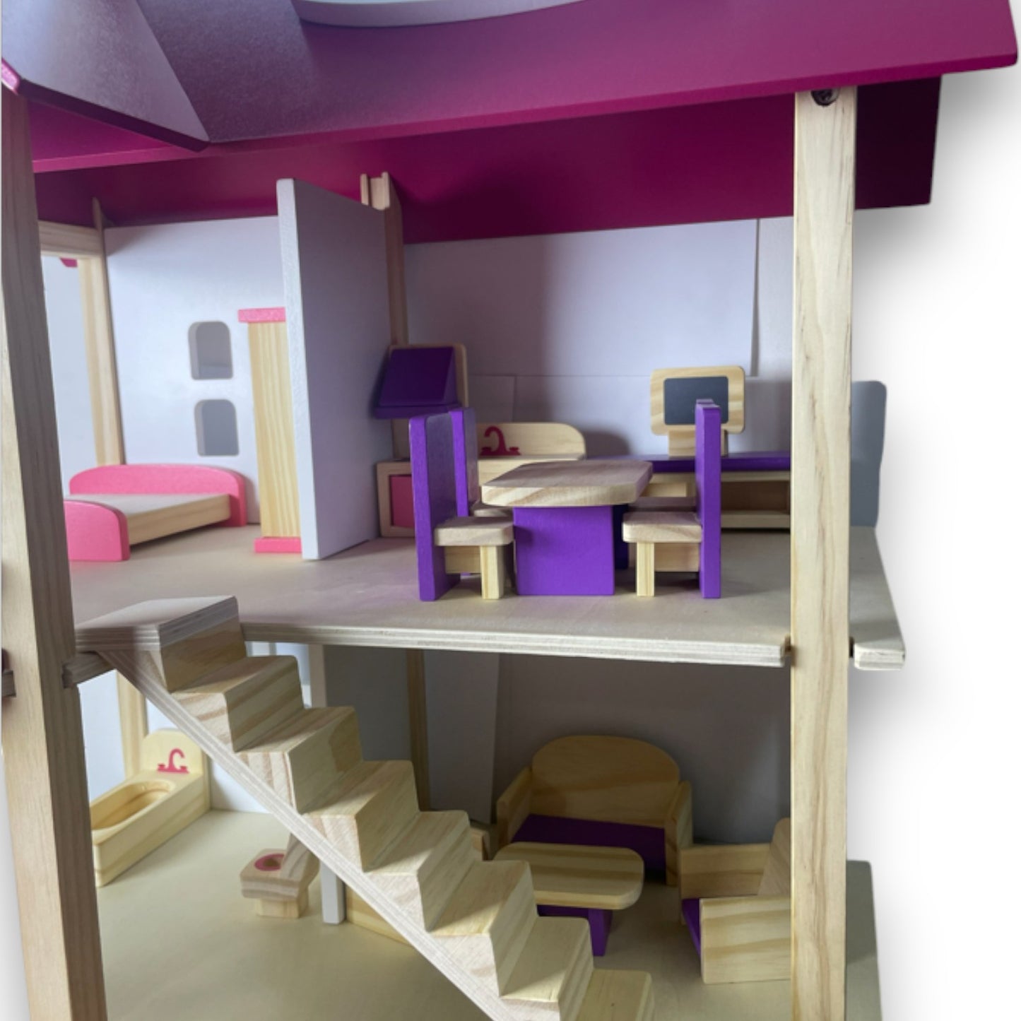 Casa de Madera Armable 2 Pisos con Muebles Rosa
