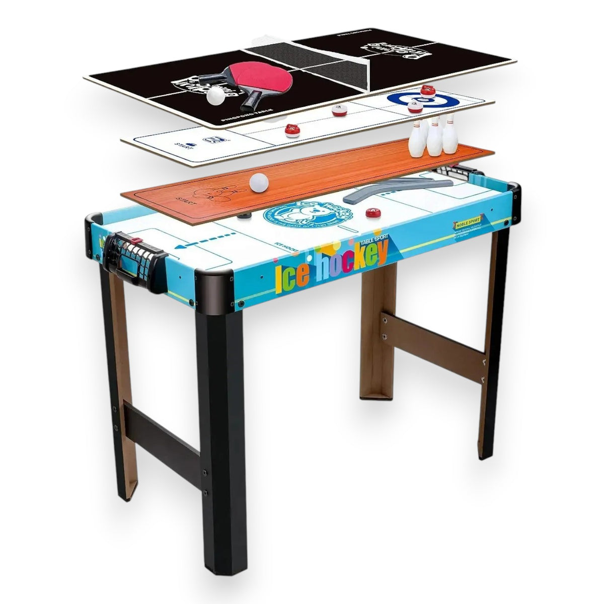 Mesa Multijuegos 4 en 1: Ping Pong, Hockey, Bolos y Tiro