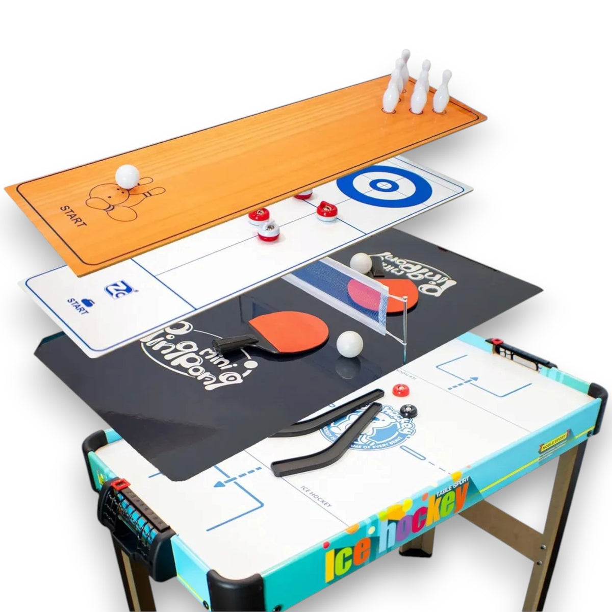 Mesa Multijuegos 4 en 1: Ping Pong, Hockey, Bolos y Tiro